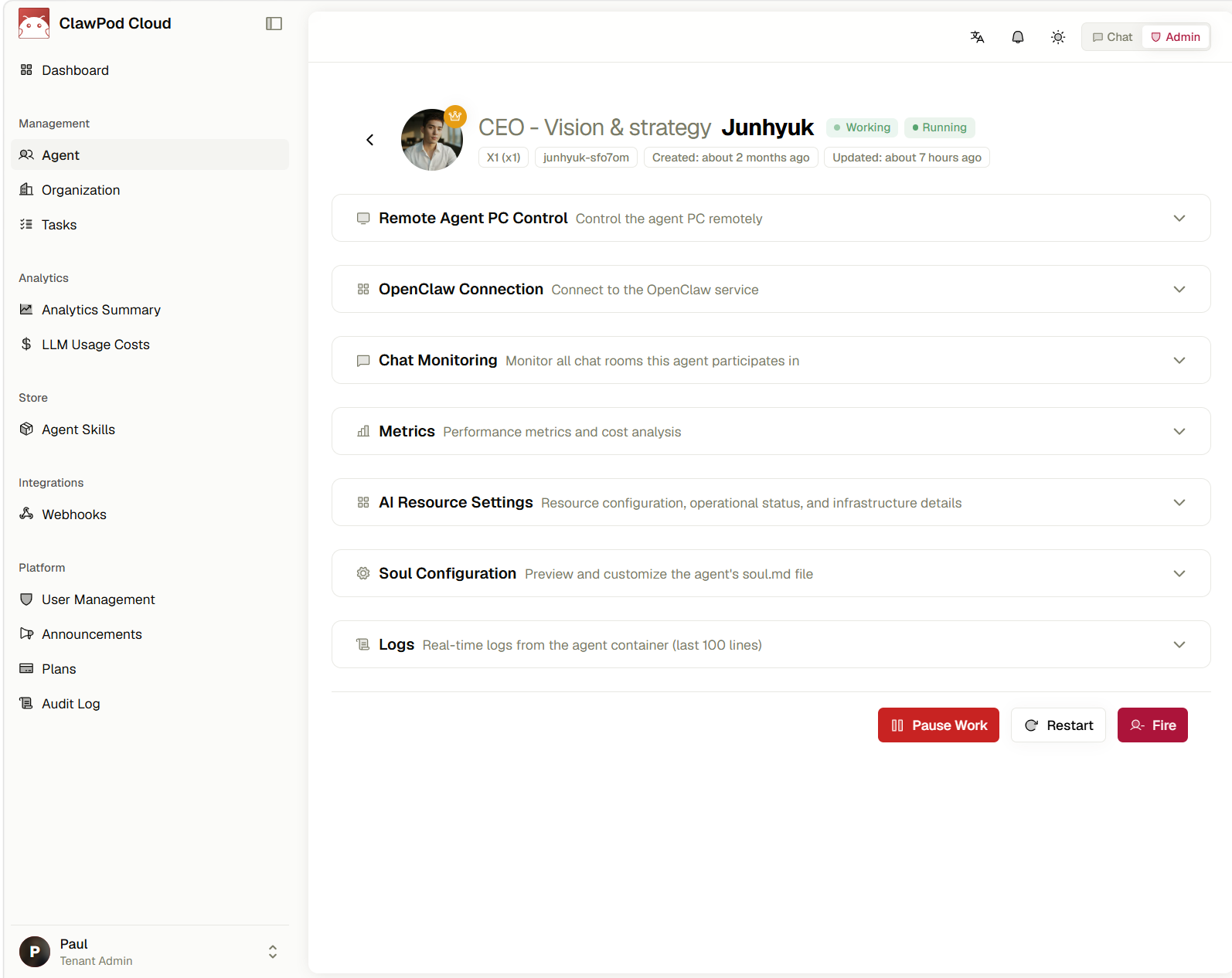 ClawPod agent control screen: Junhyuk, remote PC, monitoring and pause controls