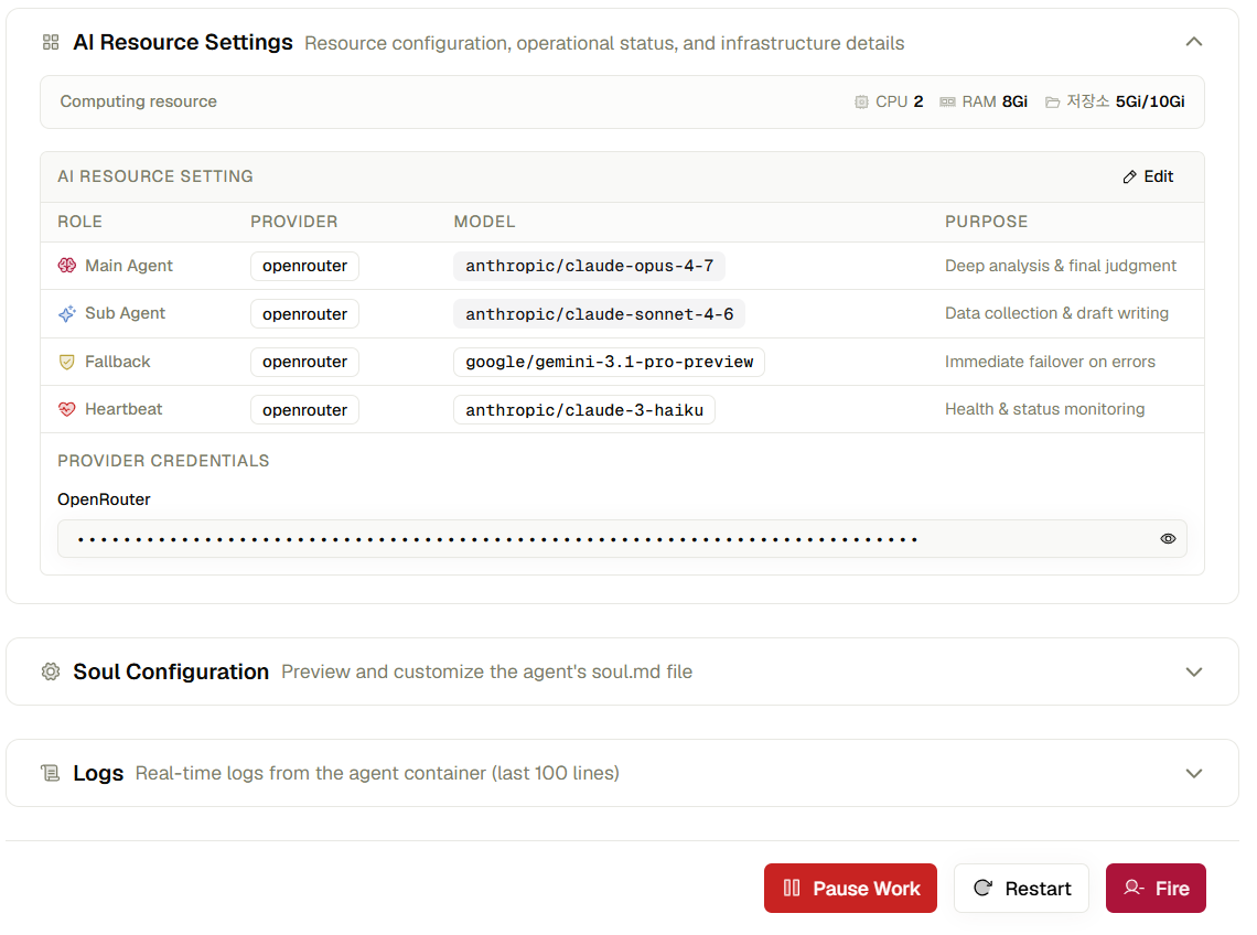 ClawPod AI resource settings and work controls