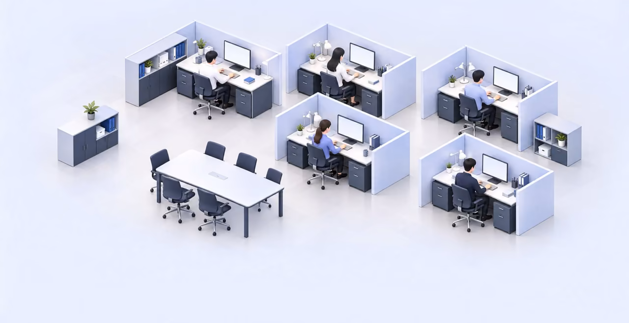Official ClawPod concept illustration of specialist employees working in separate virtual offices
