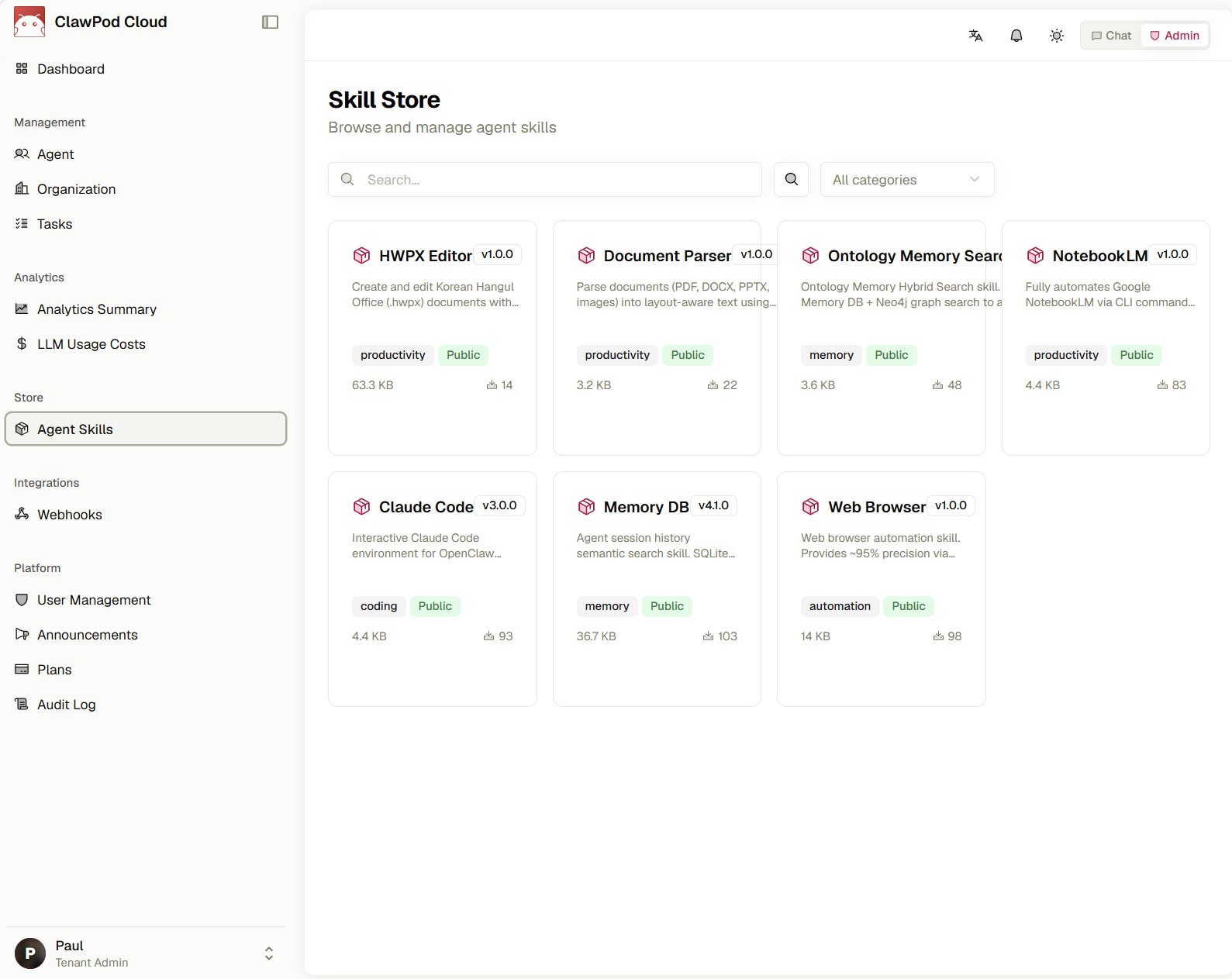 ClawPod Skill Store: document, browser and memory skills
